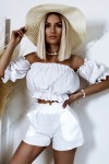 bawelniany komplet boho na lato krotkie spodenki top hiszpanka bialy