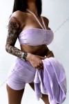 liliowy fioletowy komplet welurowy 3w1 letni krotkie spodenki top rozpinana bluza