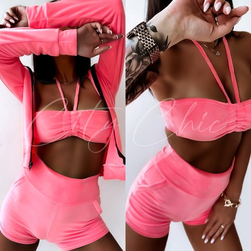 rozowy komplet welurowy 3w1 letni krotkie spodenki top rozpinana bluza