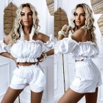 bawelniany komplet boho na lato krotkie spodenki top hiszpanka bialy