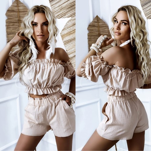 bawelniany komplet boho na lato krotkie spodenki top hiszpanka bezowy latte