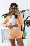 brzoskwiniowy letni dres damski komplet 3w1 dresowy krotkie spodenki top rozpinana bluza