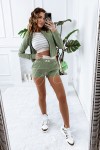 Oliwkowy letni dres damski komplet 3w1 dresowy krotkie spodenki top rozpinana bluza khaki