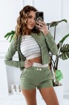 Oliwkowy dres komplet 3w1 dresowy krotkie spodenki top rozpinana bluza khaki