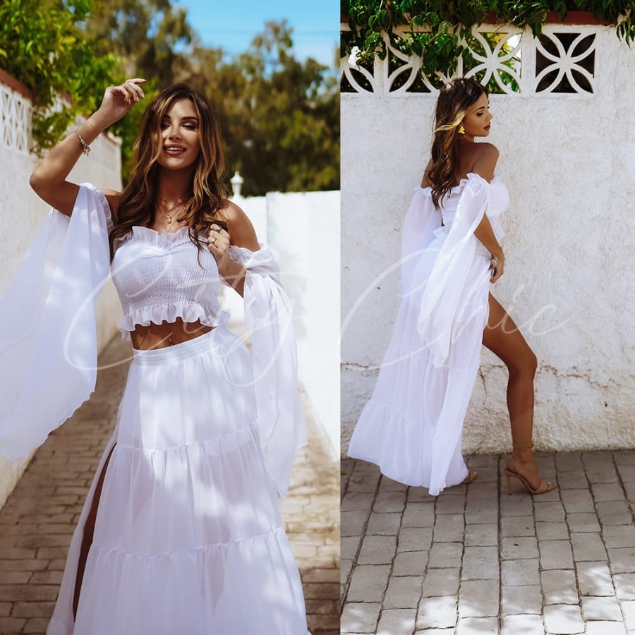 Komplet szyfonowy spódnica długa i top długi rękaw Mariposa biały