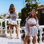 letni komplet w kwiaty piwonie spódnico-spodenki z falbanka top z długim rękawem