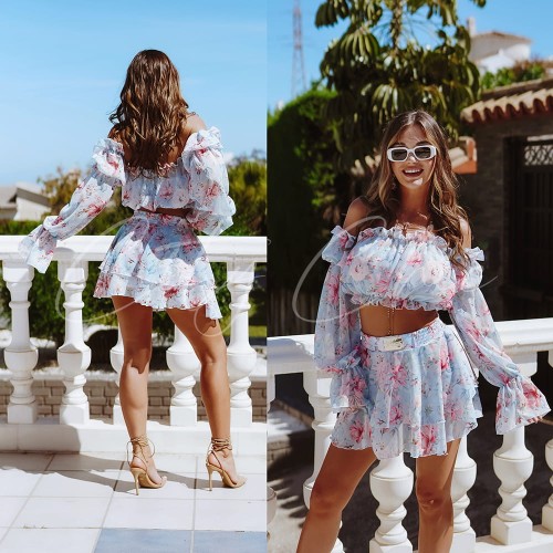 letni komplet w kwiaty piwonie spódnico-spodenki z falbanka top z długim rękawem