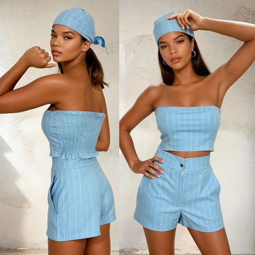 niebieski letni komplet 3w1 krótki top i spodenki chustka wiskoza