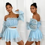 dwuczesciowy zestaw z szyfonu na lato luzny top spodnico–spodenki blekitny niebieski