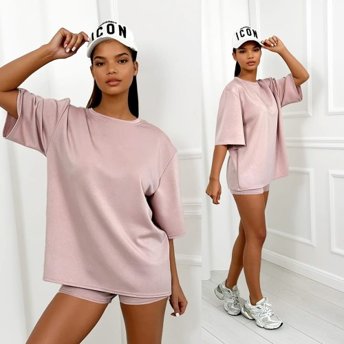 pudrowy rozowy letni komplet bluzka oversize krotkie spodenki z masełka wiskoza