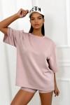 pudrowy rozowy letni komplet bluzka oversize krotkie spodenki z masełka wiskoza