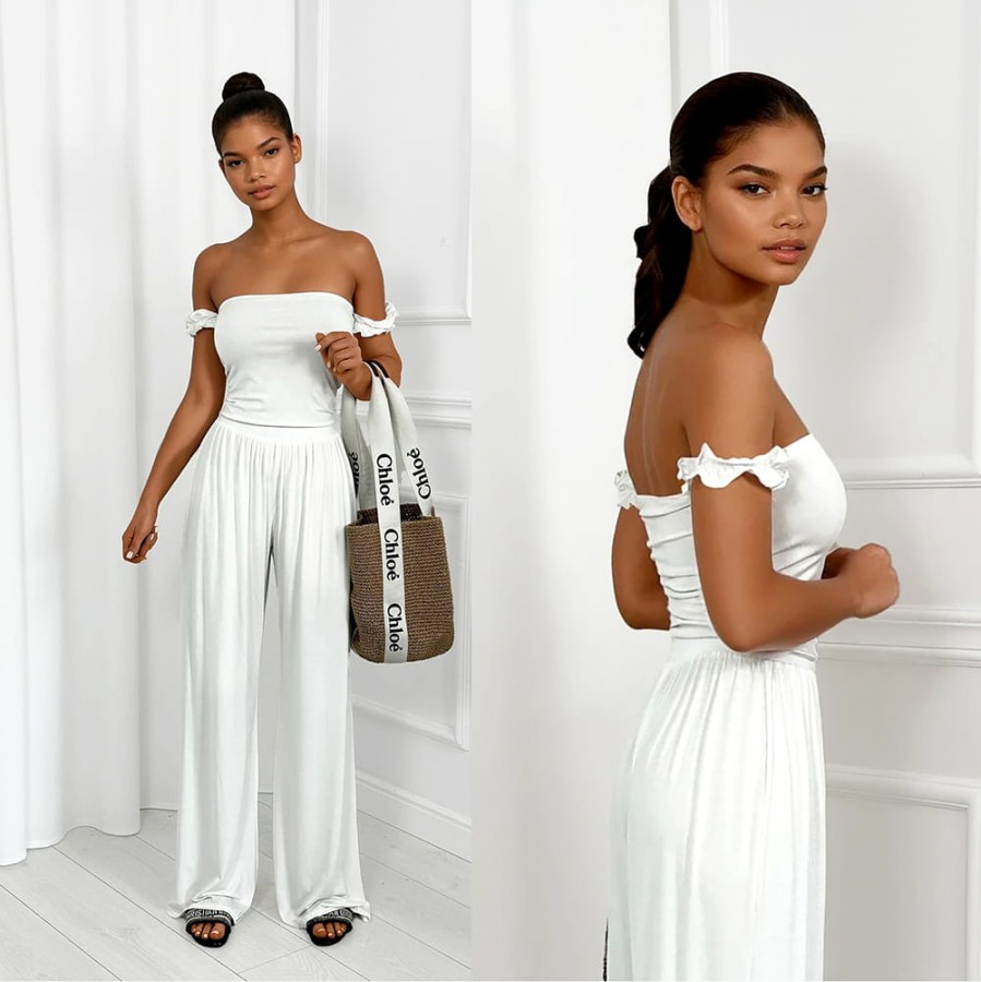 Set z wiskozy, top i spodnie Sicilia ecru