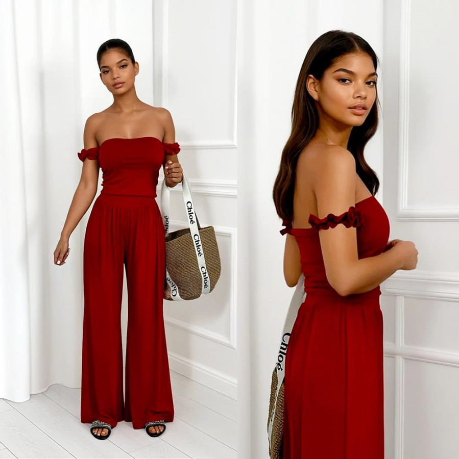 Set z wiskozy, top i spodnie Sicilia czerwony