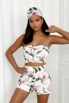 letni komplet 3w1 krotkie spodenki top chustka wzor magnolie kwiaty