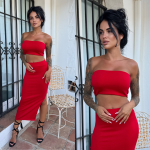 Letni komplet z wiskozy top spodnica midi z rozcieciem czerwona