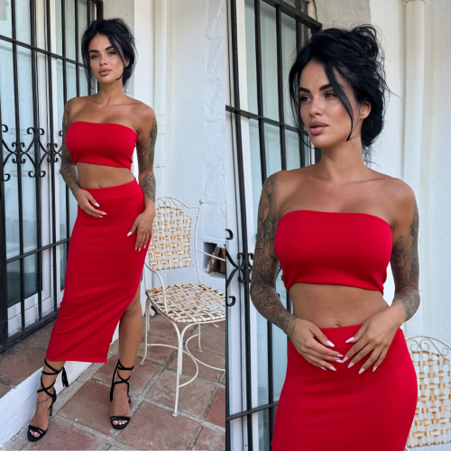 Letni komplet z wiskozy top spodnica midi z rozcieciem czerwona