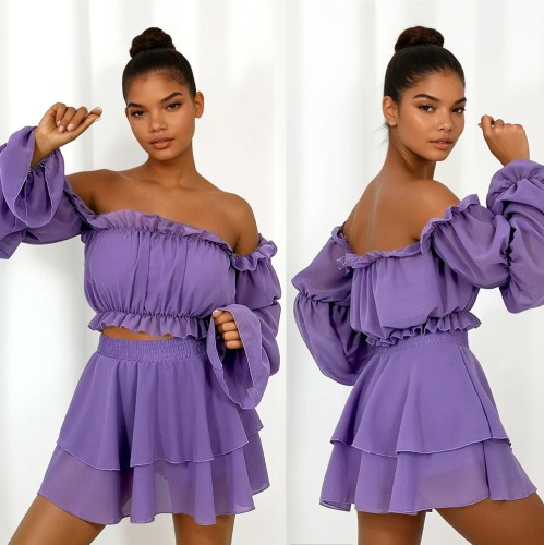 komplet szyfonowy liliowy