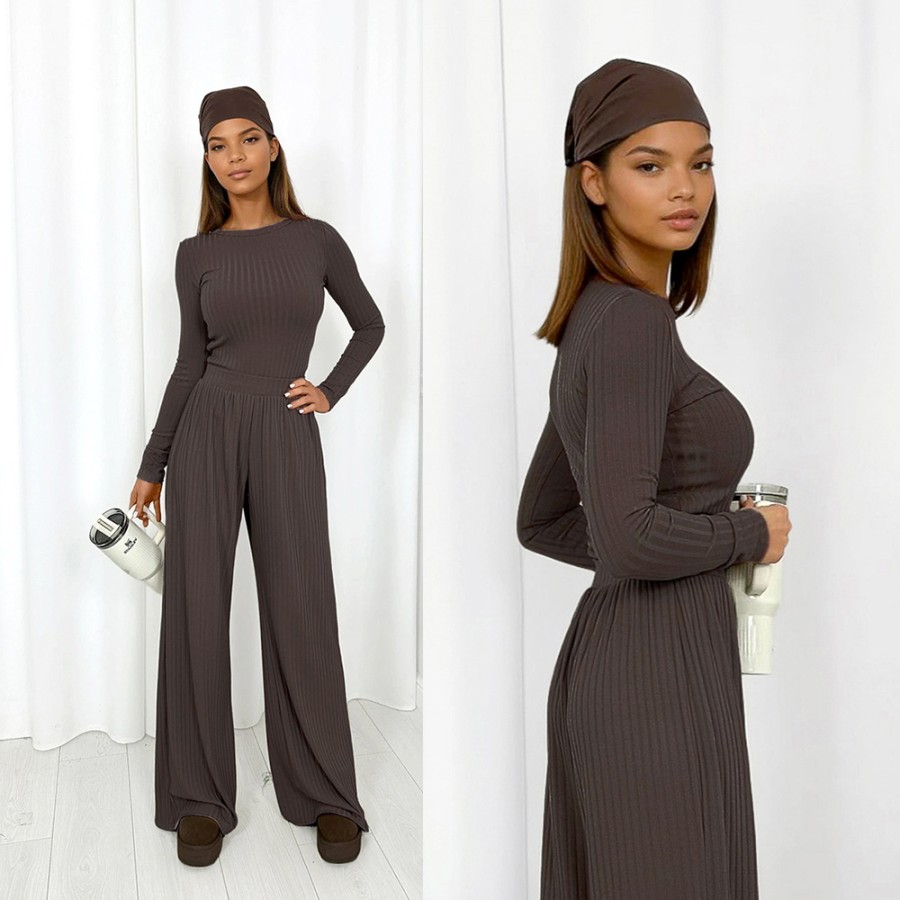 Dzianinowy komplet prążkowany z wiskozą Wave mocca