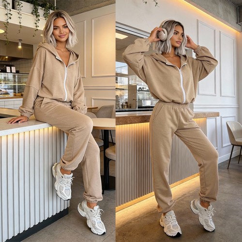 komplet dresowy damski bawełna rozpinana bluza z kapturem beżowy latte 2