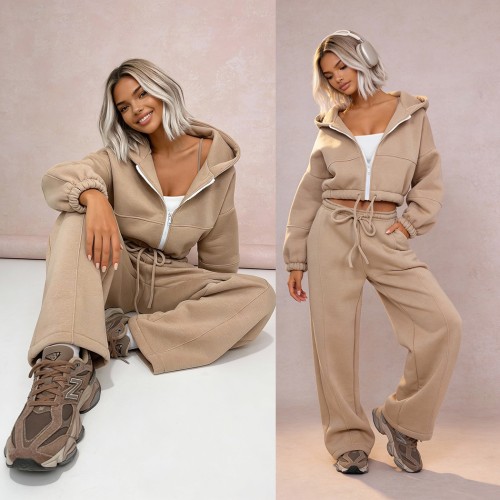 komplet dresowy bawełniany latte beżowy rozpinana bluza kaptur