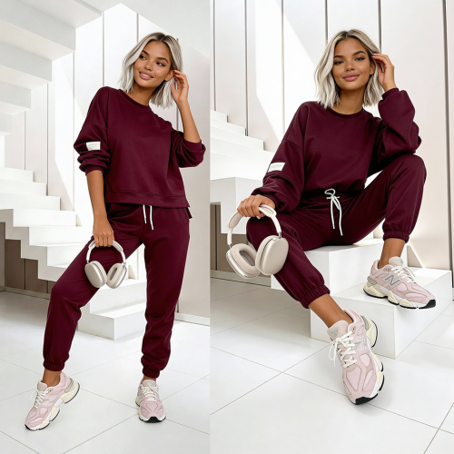 komplet dresowy damski wiskoza bluzka oversize bordowy