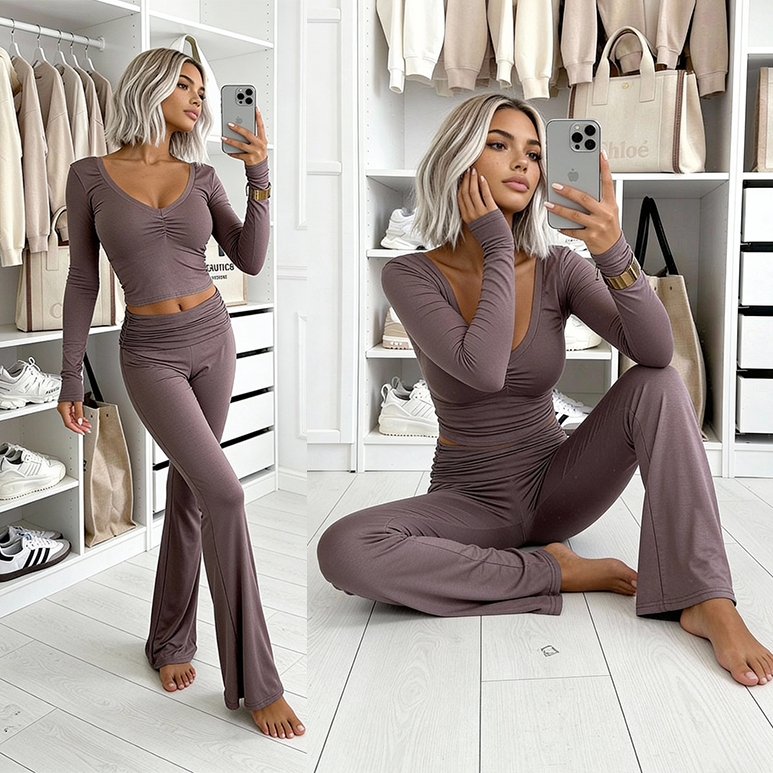 Set z wiskozy Lizzy, bluzka i spodnie typu flare mocca