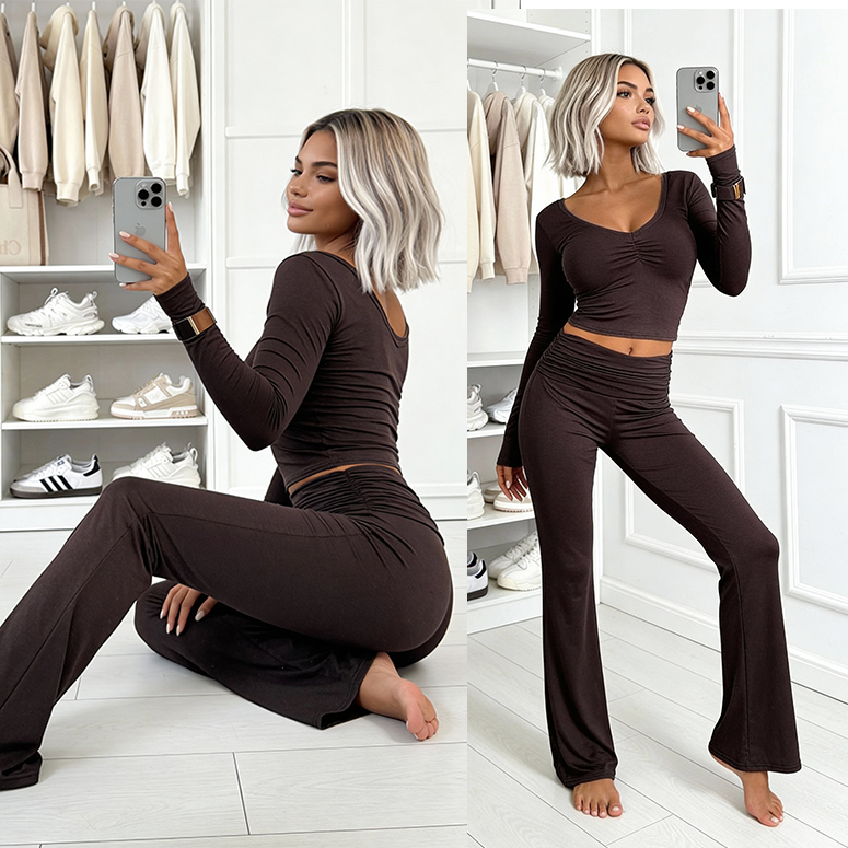 Set z wiskozy Lizzy, bluzka i spodnie typu flare czekolada