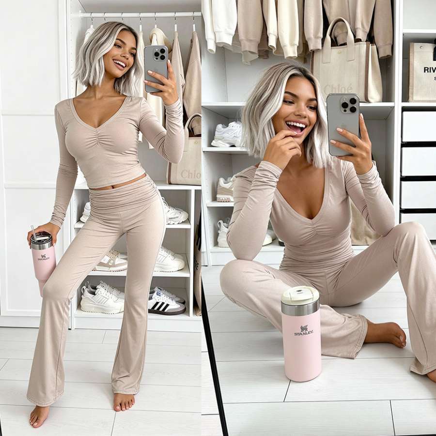 Set z wiskozy Lizzy, bluzka i spodnie typu flare latte