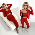 trzyczęściowy komplet dla kobiet z wiskozy 3 w 1 top rozpinana bluza legginsy czerwony