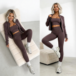trzyczesciowy komplet 3w1 damski z wiskozy top legginsy rozpinana bluza mocca brazowy