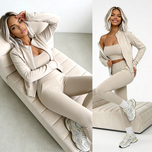 trzyczęściowy komplet dla kobiet z wiskozy 3 w 1 top rozpinana bluza legginsy latte beżowy