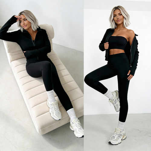 trzyczęściowy komplet dla kobiet z wiskozy 3 w 1 top rozpinana bluza legginsy czarne
