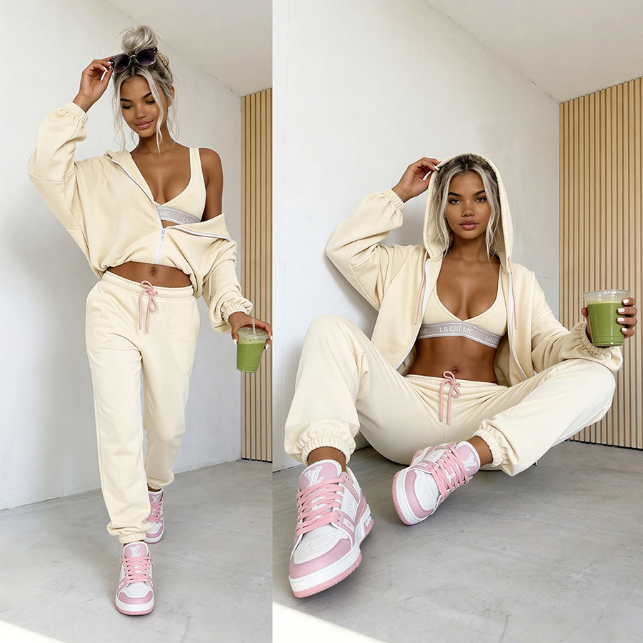 Kokosowy komplet dresowy 3w1 spodnie bluza top Sporty