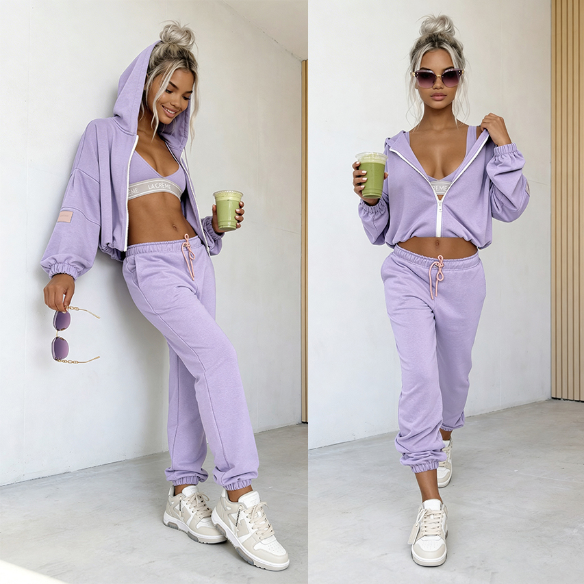 Fioletowy komplet dresowy 3w1 spodnie bluza top Sporty