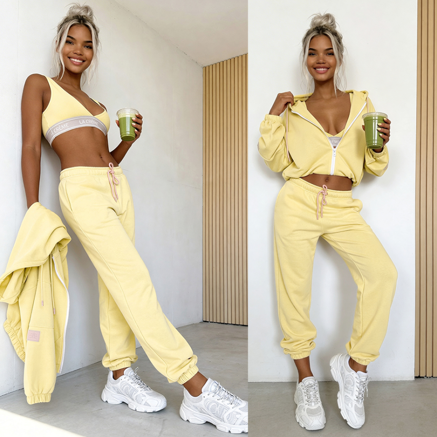 Żółty komplet dresowy3w1 spodnie bluza top Sporty