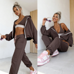 komplet dresowy 3w1 damski brązowy top rozpinana bluza