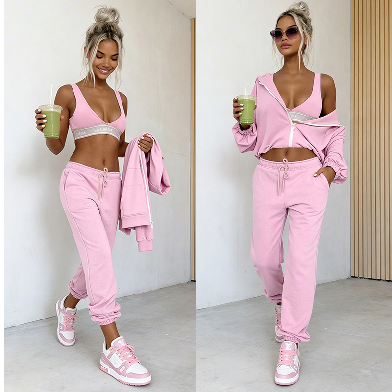 Komplet dresowy 3w1 spodnie bluza top puder Sporty