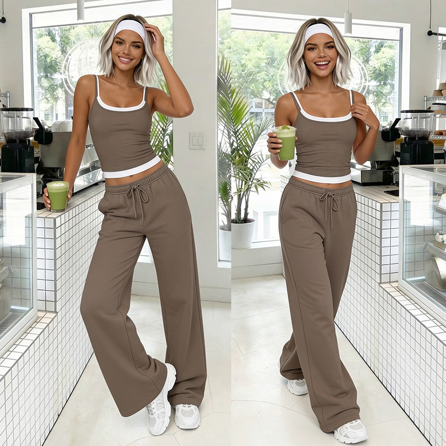 Bawełniany komplet Dream top i spodnie beż