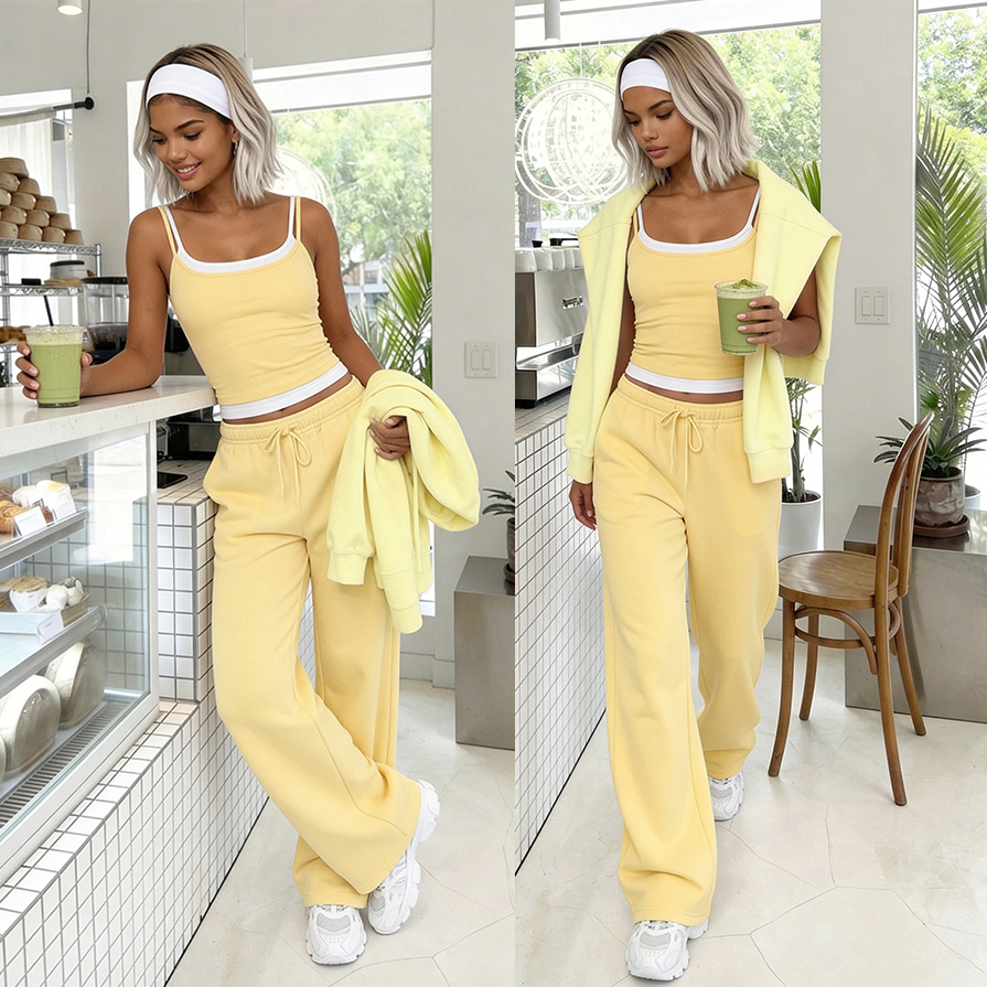 Bawełniany komplet Dream top i spodnie żółty