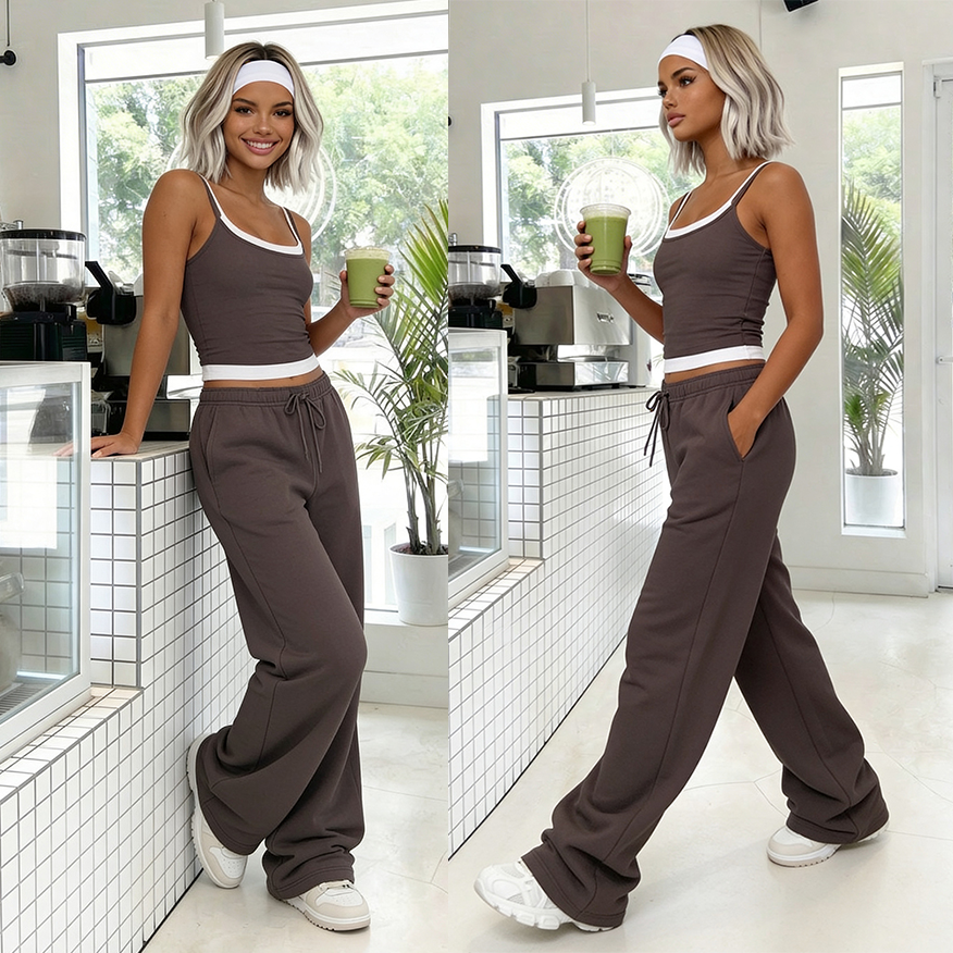 Bawełniany komplet Dream top i spodnie mocca